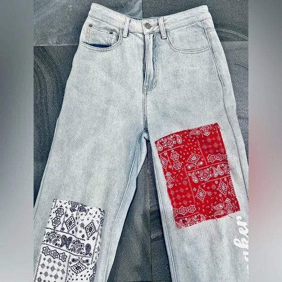 Light Wash Denim Flared Leg High Waist Patchwork Paisley Troublemaker Jeans - Picture 2 of 6